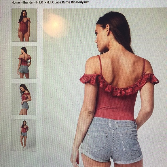 H.I.P. Rust pink/red Lace Ruffle Rib Bodysuit - Picture 4 of 5