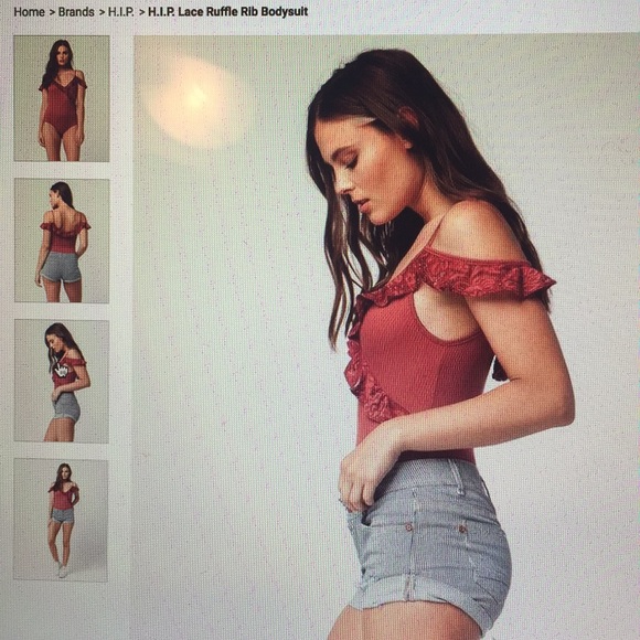 H.I.P. Rust pink/red Lace Ruffle Rib Bodysuit - Picture 5 of 5