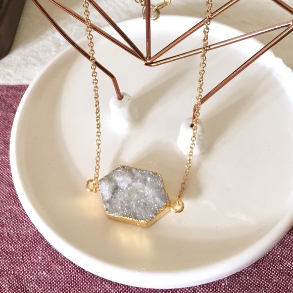 Jewelry - Hexagon Druzy Necklace Quartz Pendant Gold Chain