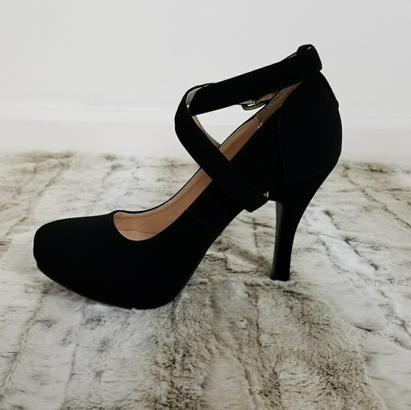 New Faux Suede Black Cross Strapped High Heels - Picture 3 of 4
