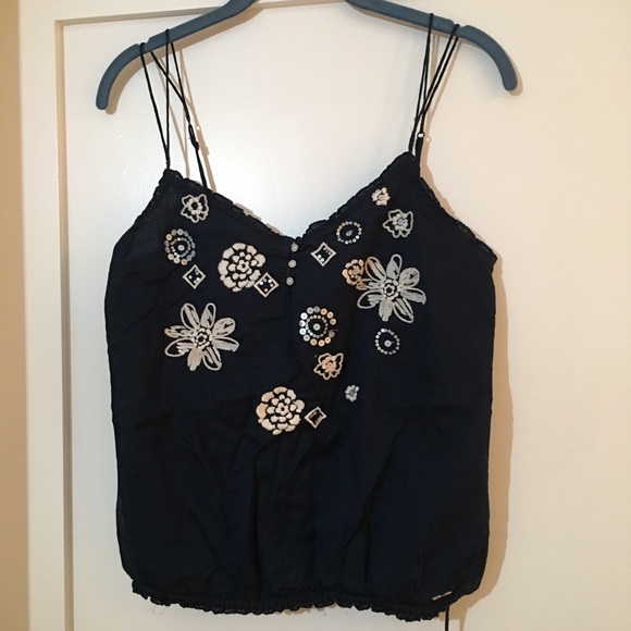 Hollister Tops - Navy blue boho embroidered top, Sz M