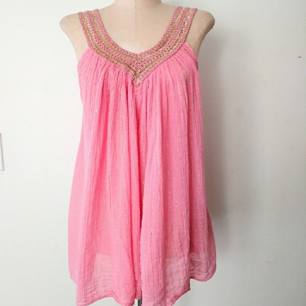 70s Grecian Style Gauze Pink & Mettalic Gold Top