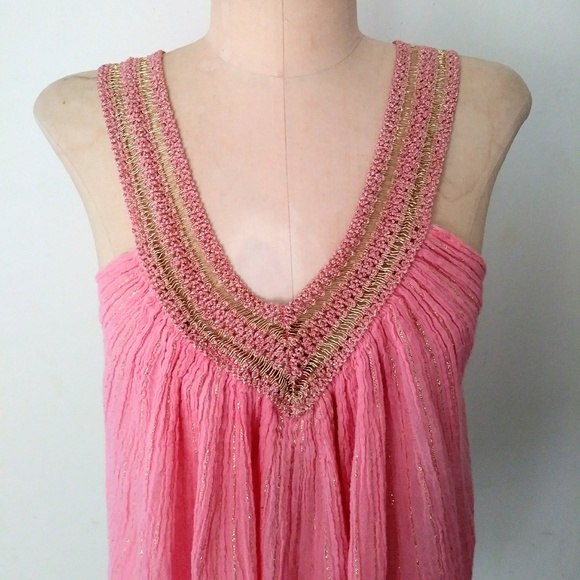 70s Grecian Style Gauze Pink & Mettalic Gold Top - Picture 2 of 4