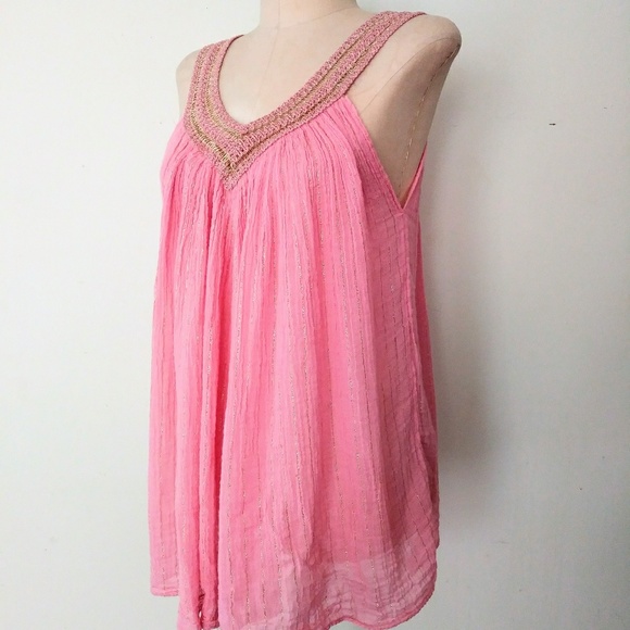 70s Grecian Style Gauze Pink & Mettalic Gold Top - Picture 3 of 4