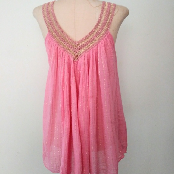 70s Grecian Style Gauze Pink & Mettalic Gold Top - Picture 4 of 4