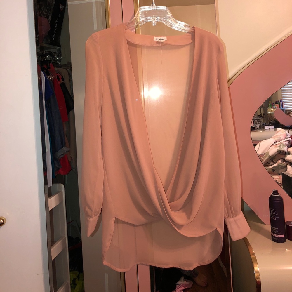 Cross over high low long sleeve sheer top