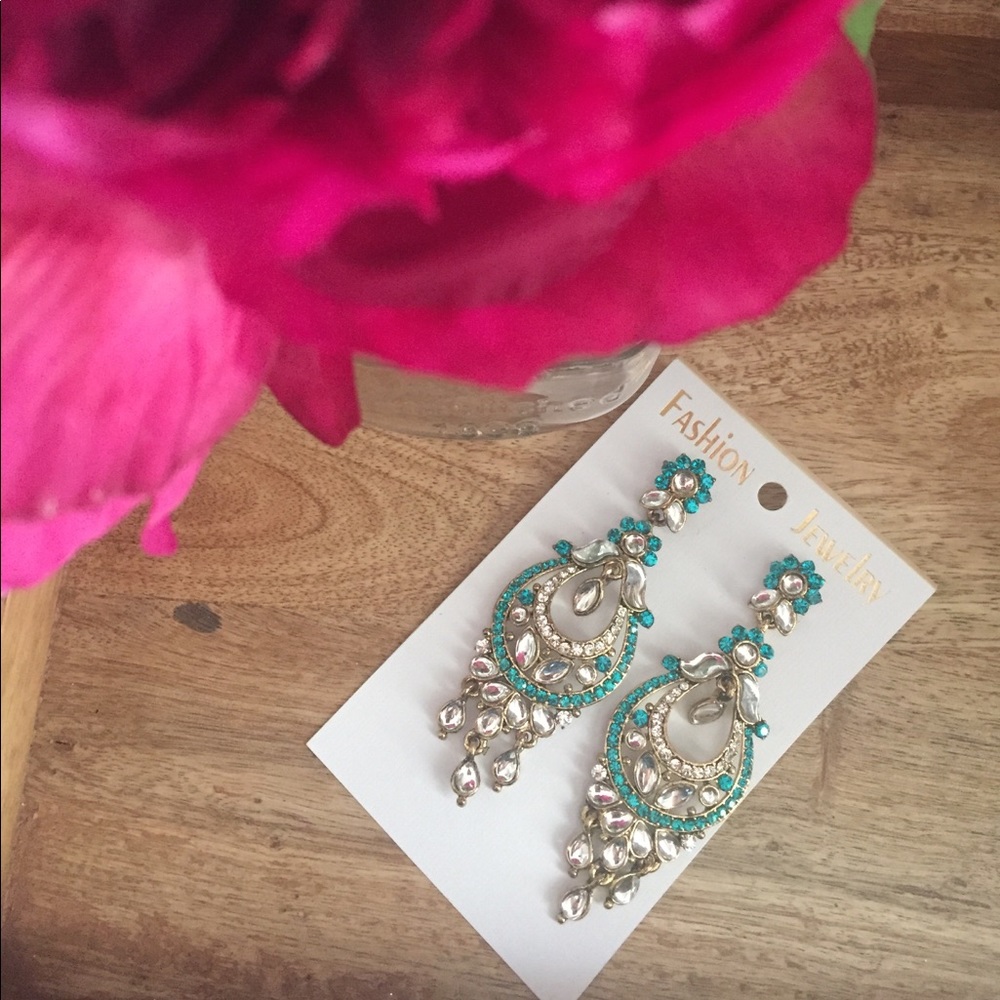 Gold teal chandelier earrings