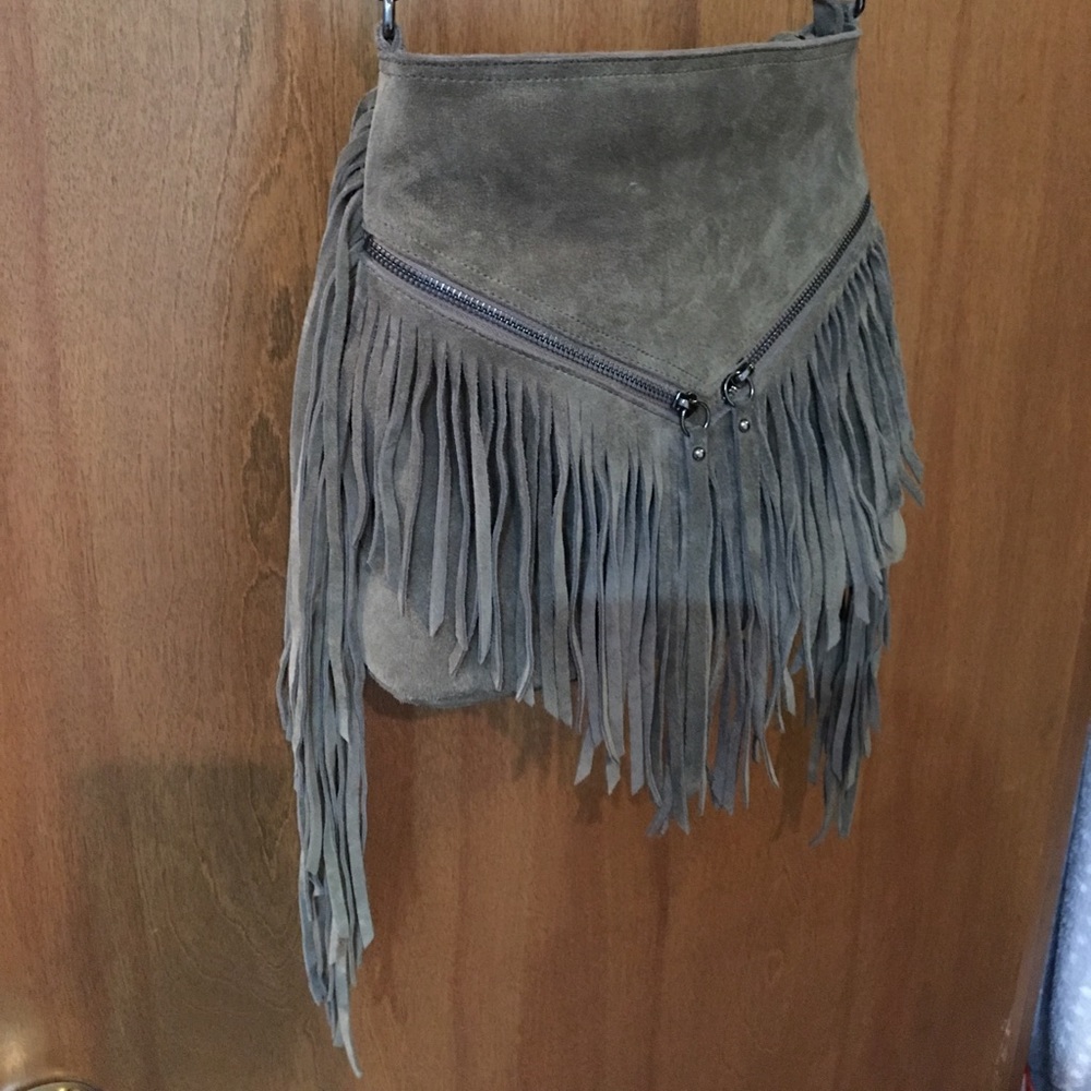 Green suede cross body fringe bag