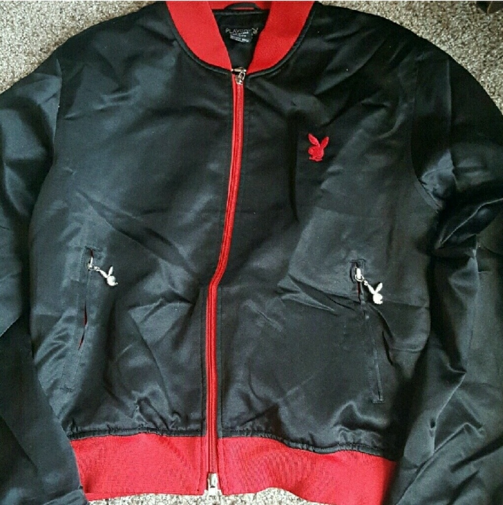 Playboy Satin Black Bunny Bomber Jacket