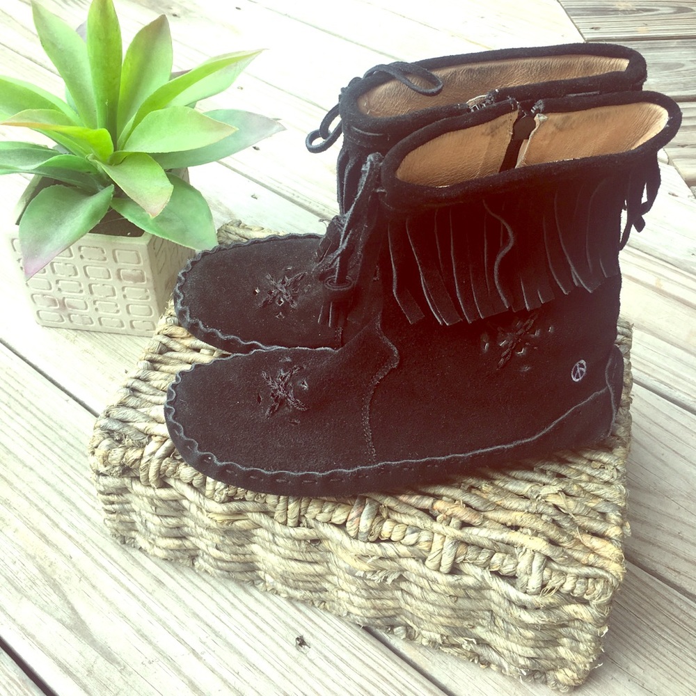 Peace Moccasins Black Suede Fringe Boots