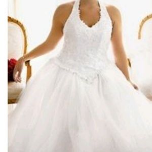 Wedding dress, veil, petticoat, and camisole.