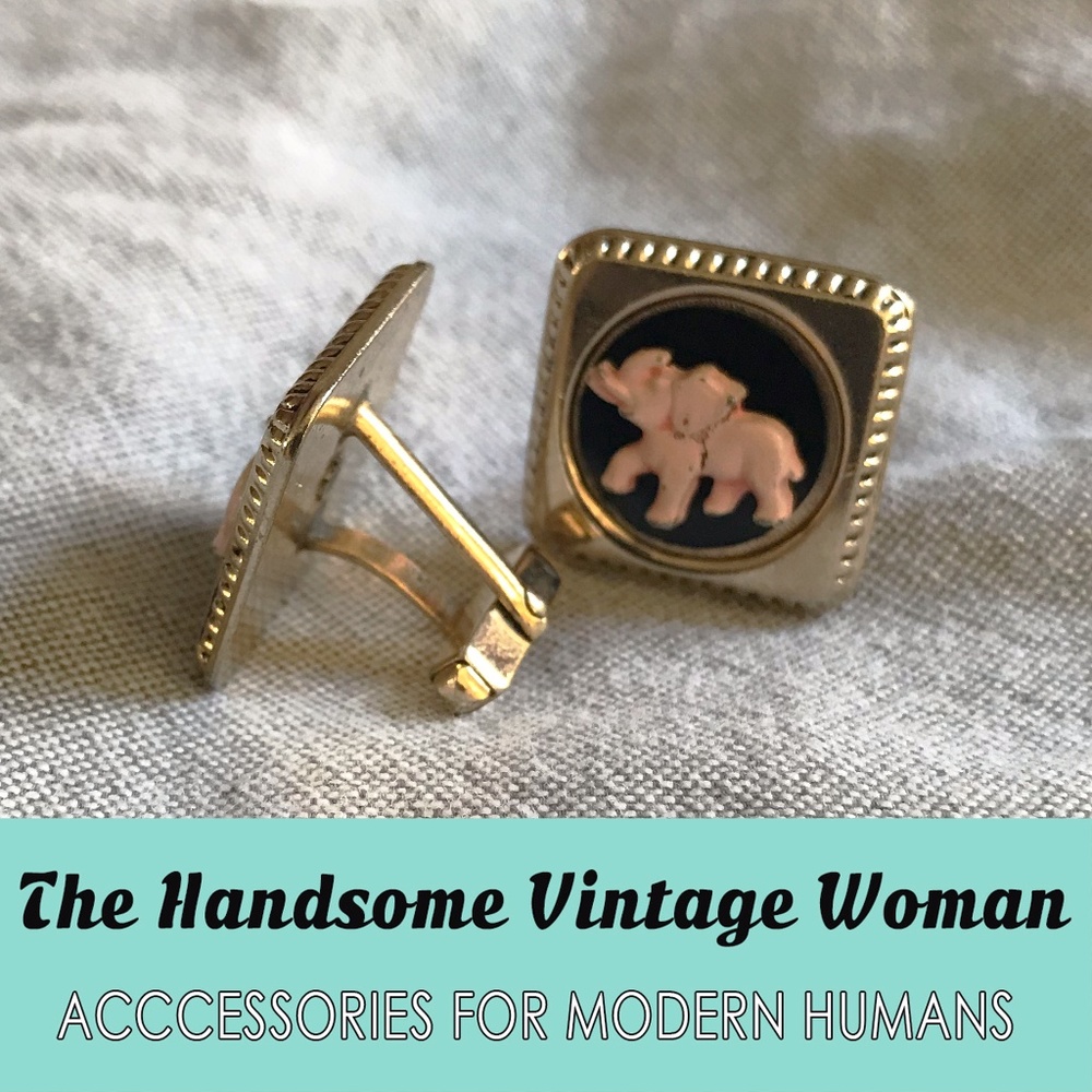 Cuff Links Vintage Pink Elephant, Marked Anson