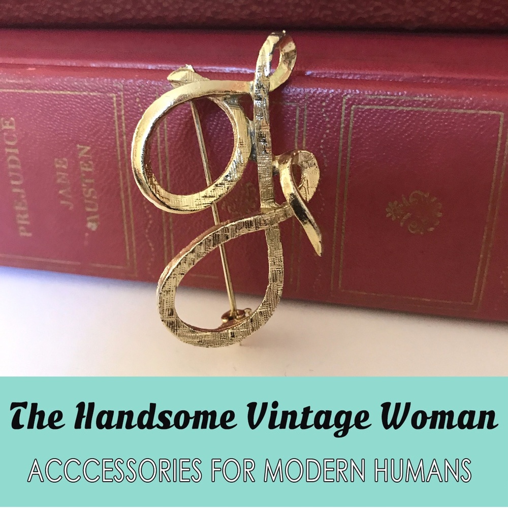 F Initial Gold Brooch, Vintage