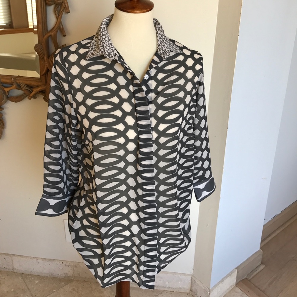 Gretchen Scott sheer gray and beige blouse.