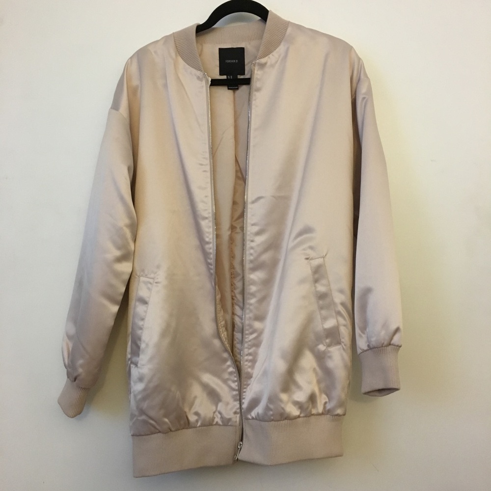 Light Pink Long Satin Bomber Jacket