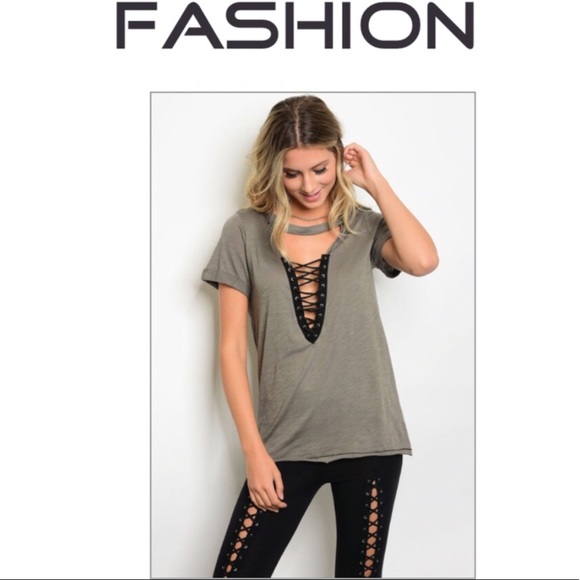 Olive & Black Lace Up V-Neck Top - Picture 2 of 3
