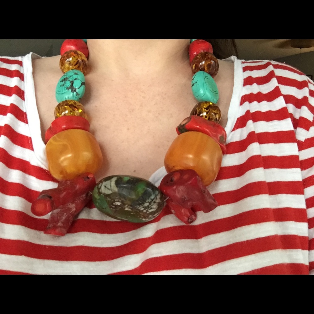 sterling silver, turquoise,coral, amber necklace