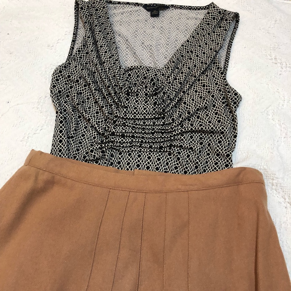 100% wool knee high pleaded Carmel taupe skirt