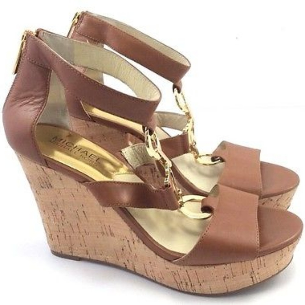 Michael Kors Hyden Tan Leather Cork Wedge Sandals
