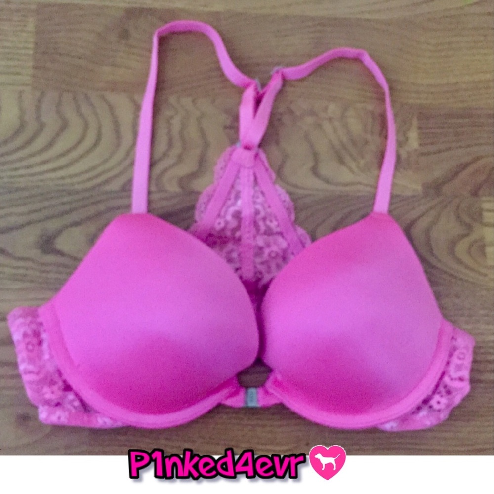 VS PINK T-Back Pink Lace Front Closure Bra 32B