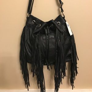 UnionBay Fringed Vegan drawstring hobo