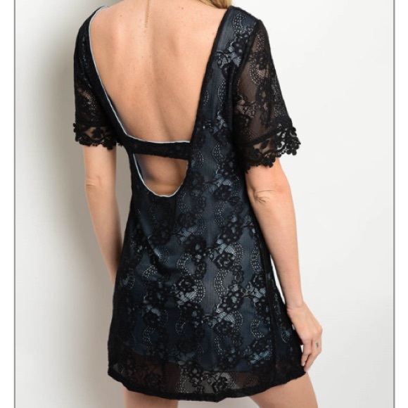 Black Lace Over Blue Shift Dress - Picture 3 of 3