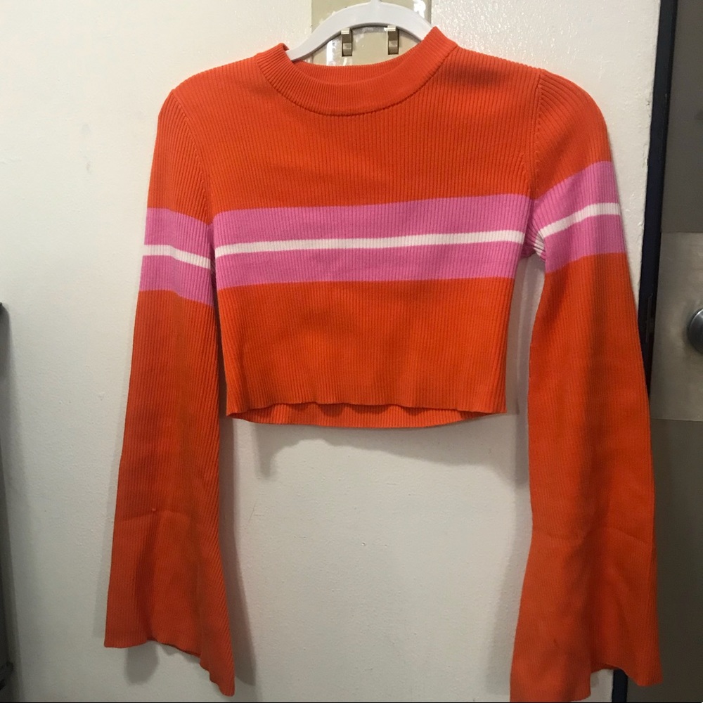MISGUIDED (New) Orange Stripe Knitted Crop Shirt