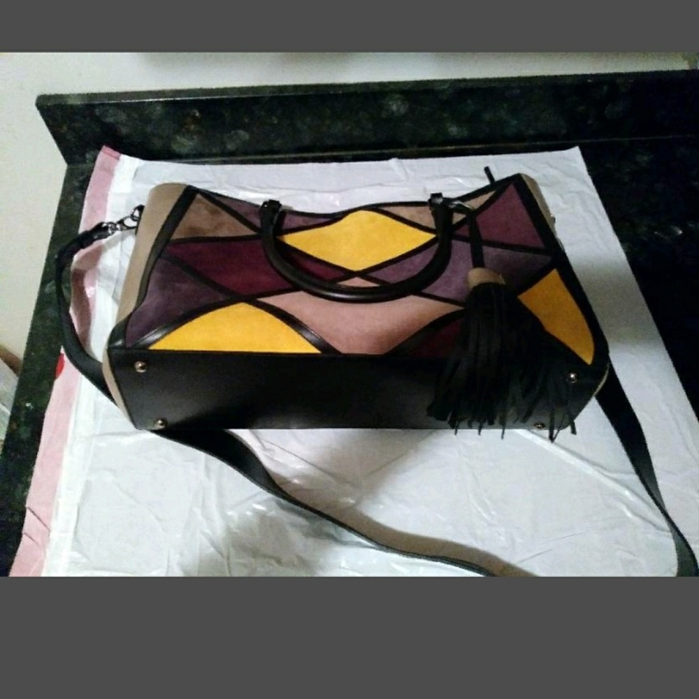 Brand New Geometric Multi colored Tan Brief Bag