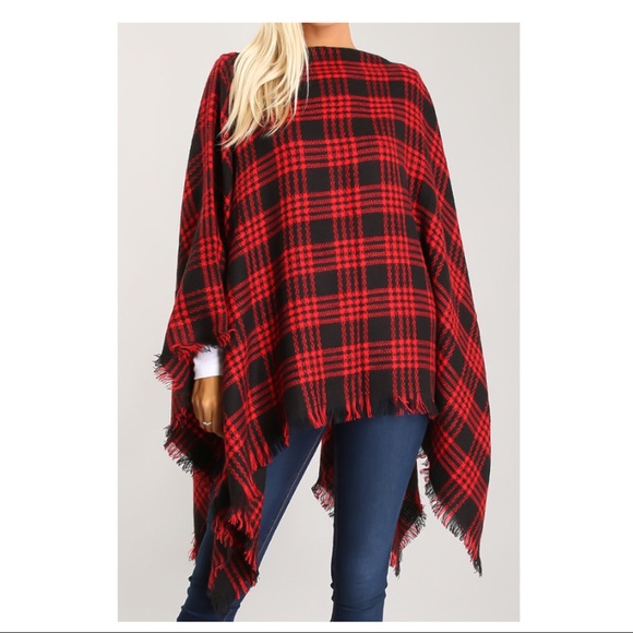 Haute Ellie Sweaters - Red Black Scarf Fringe Poncho