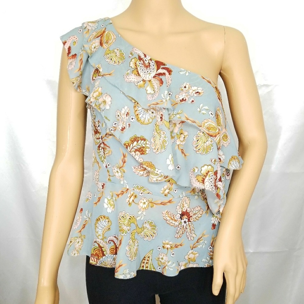 Amaryllis Apparel Floral One Shoulder Raffle Tops