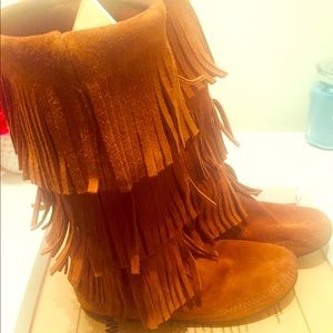 Brown suede fringe boots