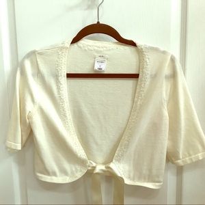Beaded shrug with satin tie