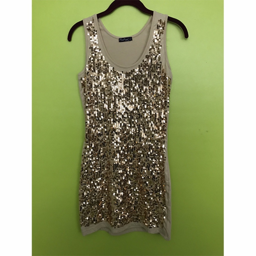 Prestige Edge Sleeveless Gold Sequin Tan Tunic L