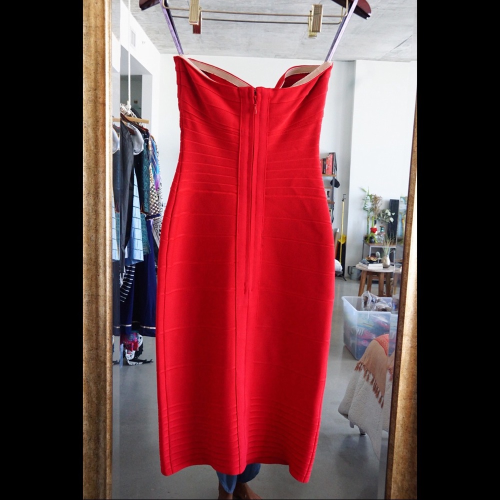 Red Herve Leger Strapless Midi Bandage Dress
