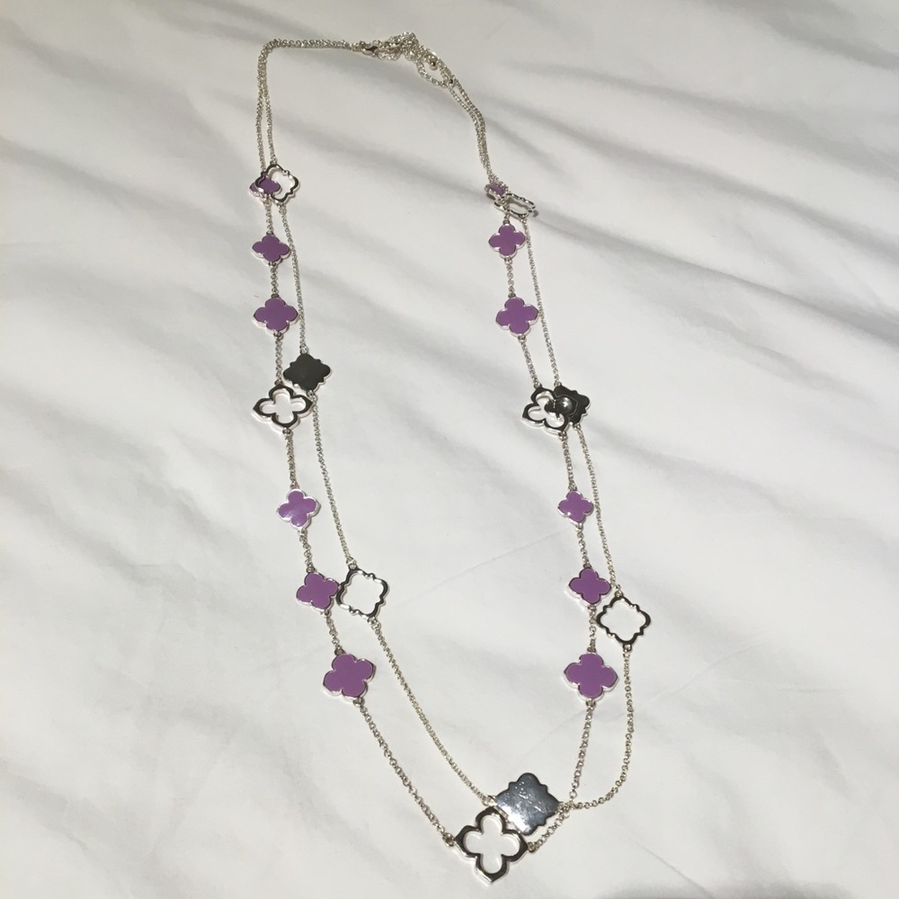 Two long silver and purple necklaces