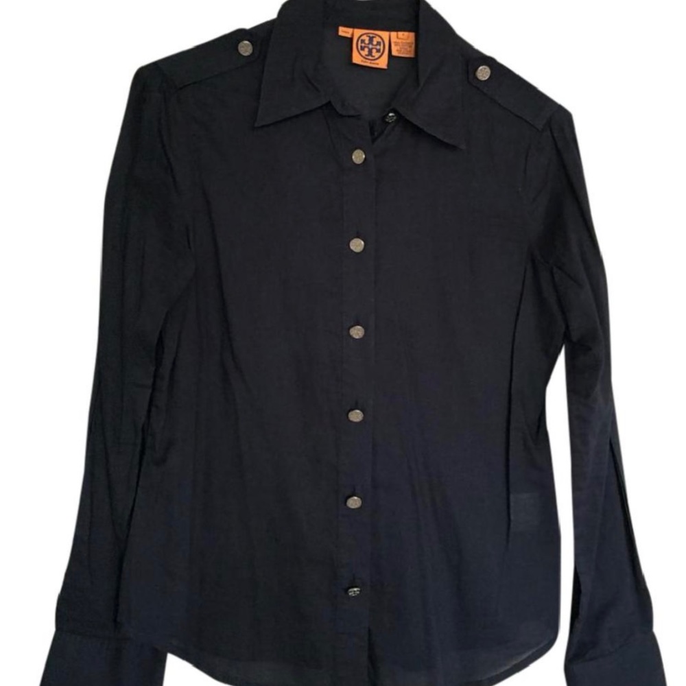Navy Blue Tory Burch Silk button down blouse.