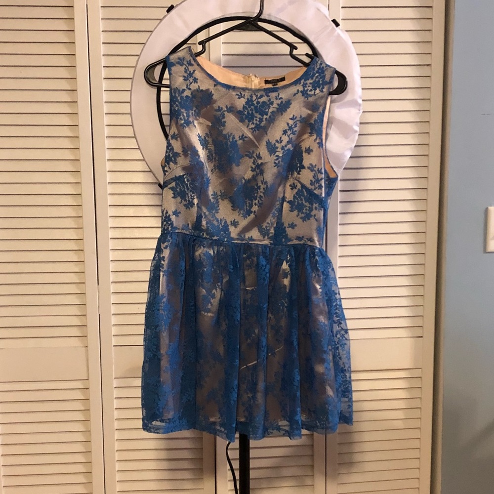 Blue and champagne satin/lace mini dress