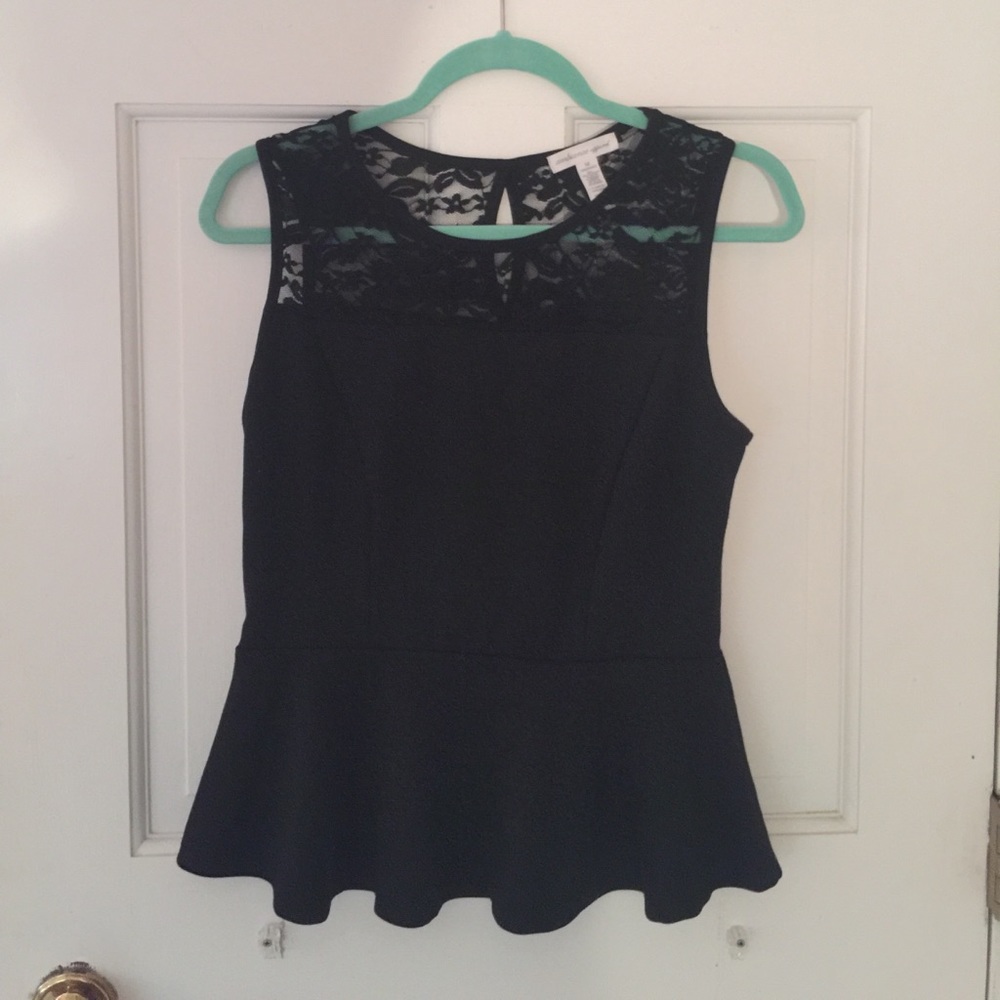 Black lace sleeveless peplum blouse