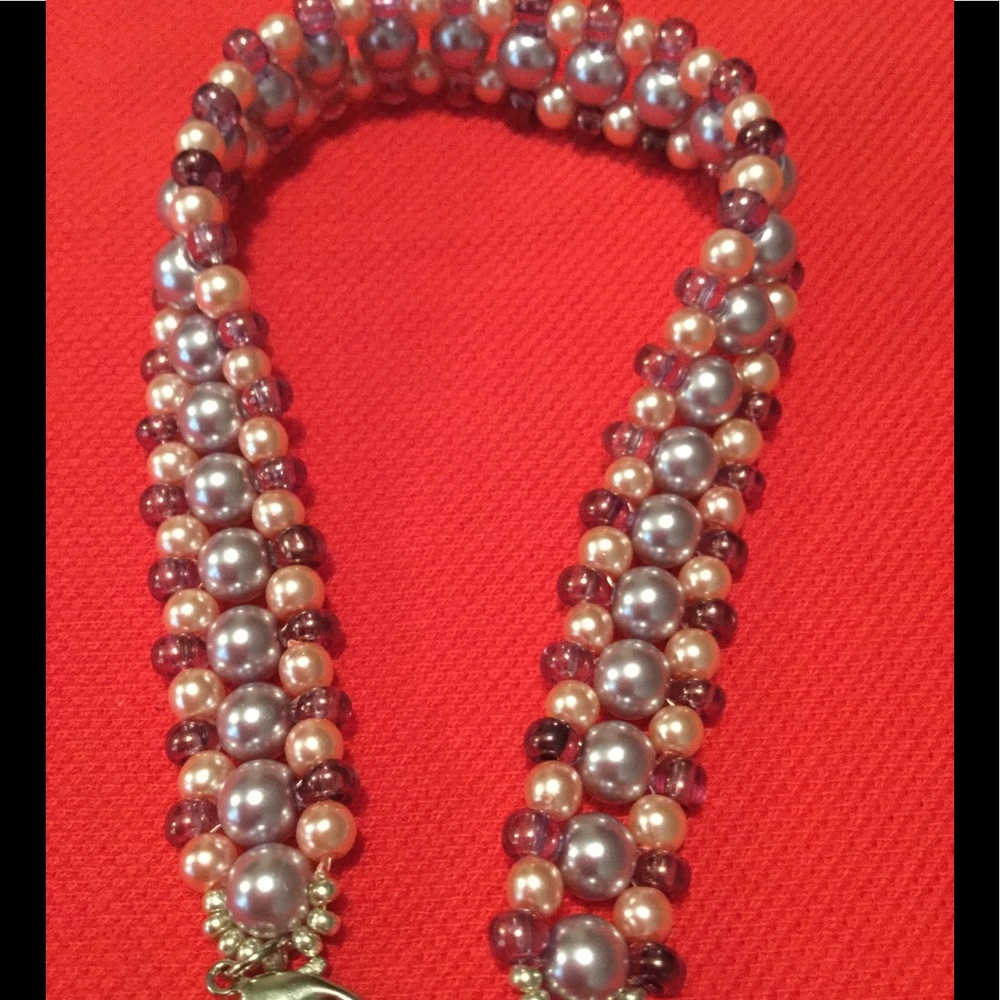 Glass Pearl Beaded Bracelet 5 ( Rose + Lavender )