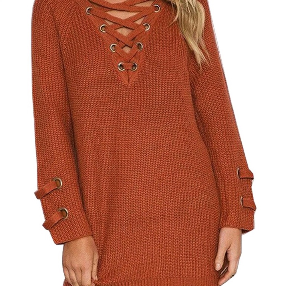 BRICK RED LACE UP SWEATER DRESS