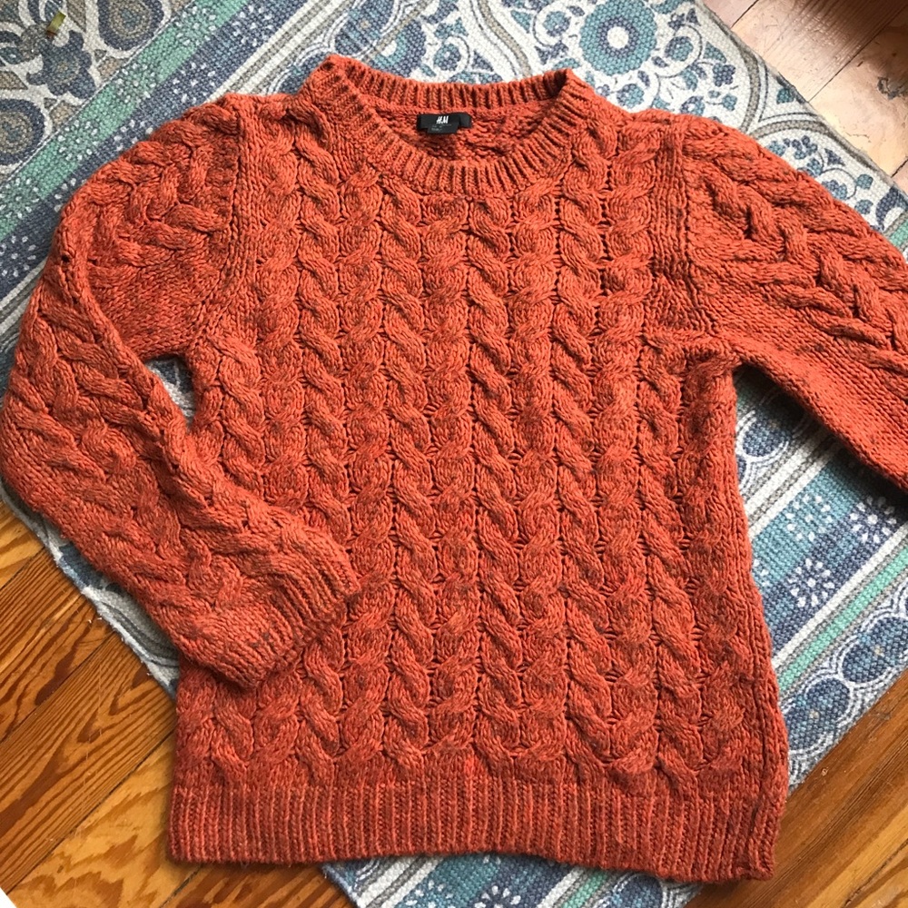 Burnt orange cabled sweater.