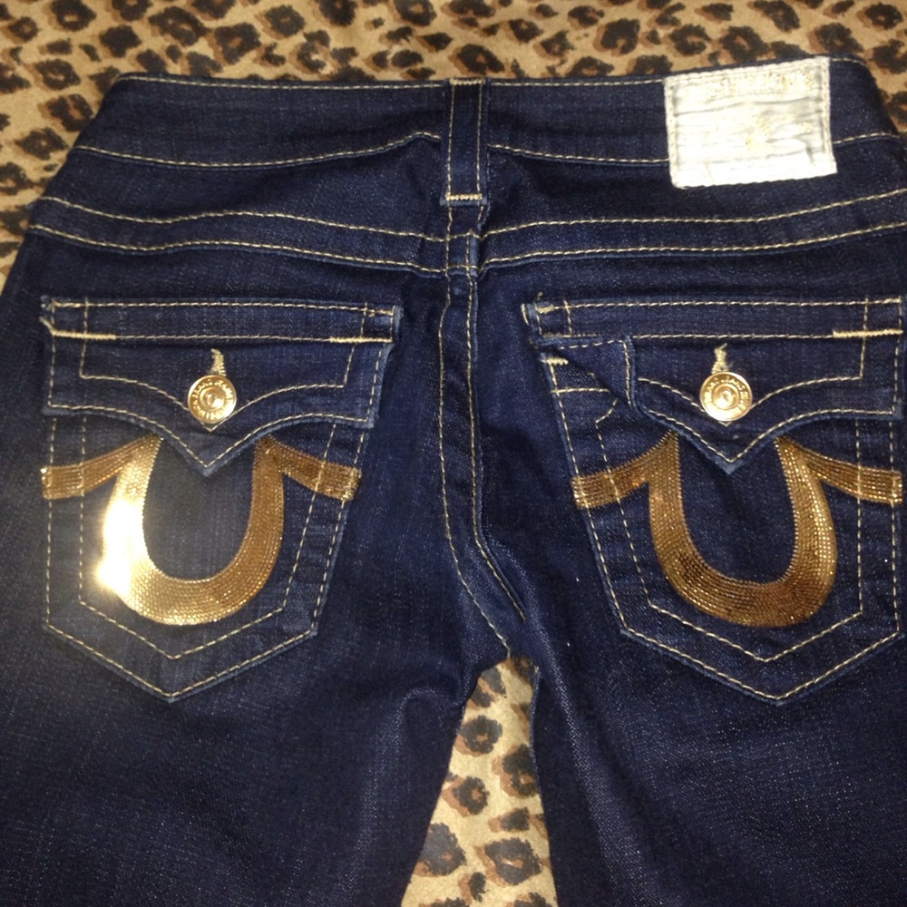 True Religion fit and flare jeans with gold sequin