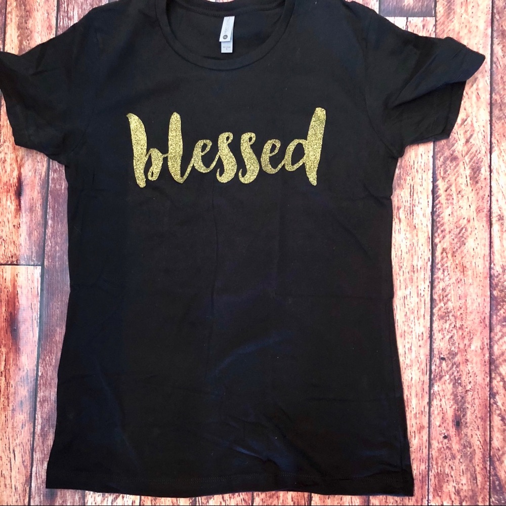 🙏 BLESSED BLACK T GOLD LETTERING🙏GREAT GIFT🙏