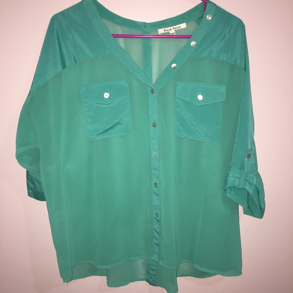 Black Rainn Teal Button Up Top