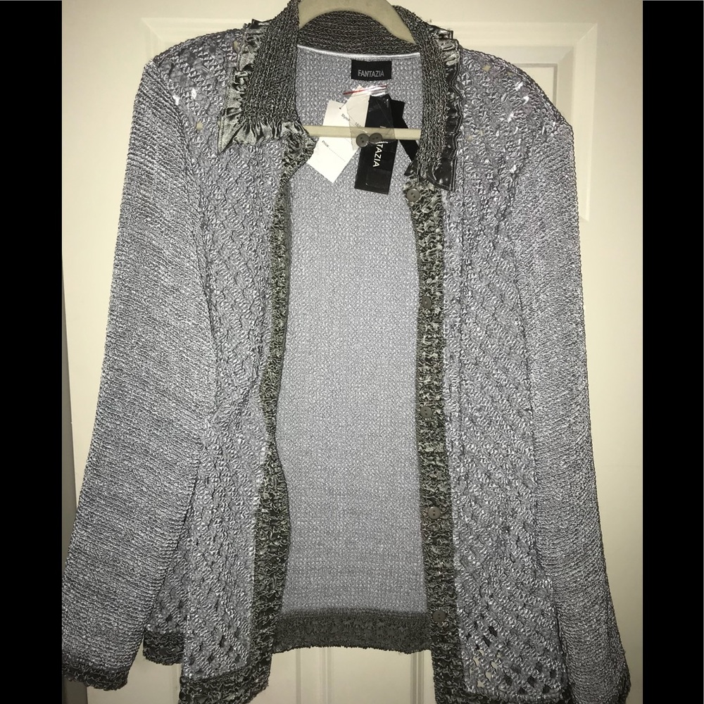 Silver/gray 2-piece silk-look top and cardigan.