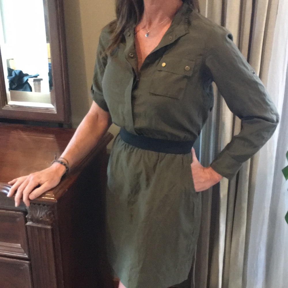 Banana Republic silk dress. Dark olive green.