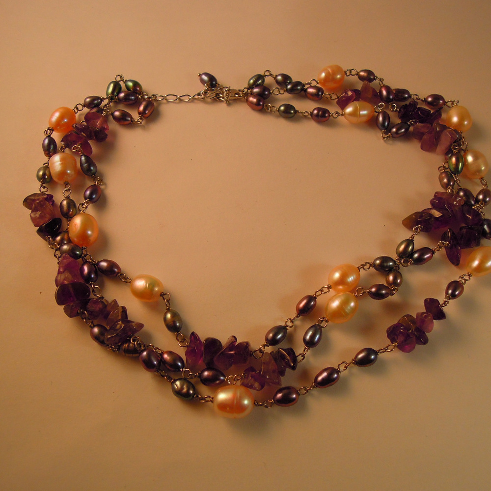 NNT SILVER/PEARL/AMETHYST 3 STRAND NECKLACE