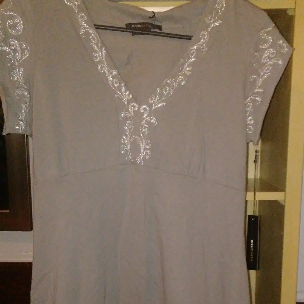 BCBG Gray Silver Embroided Detail Top