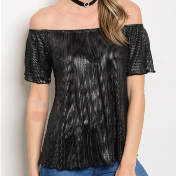 Black Metallic Off Shoulder Top - Picture 2 of 3