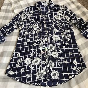 Express Portofino Navy Window Floral LS Shirt